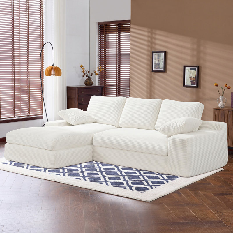 Canapé contemporain contemporain, canapé en velours côtelé blanc avec une sensation douce et agréable pour la peau, 3 coussins de dossier et 2 coussins décoratifs pour des salons confortables