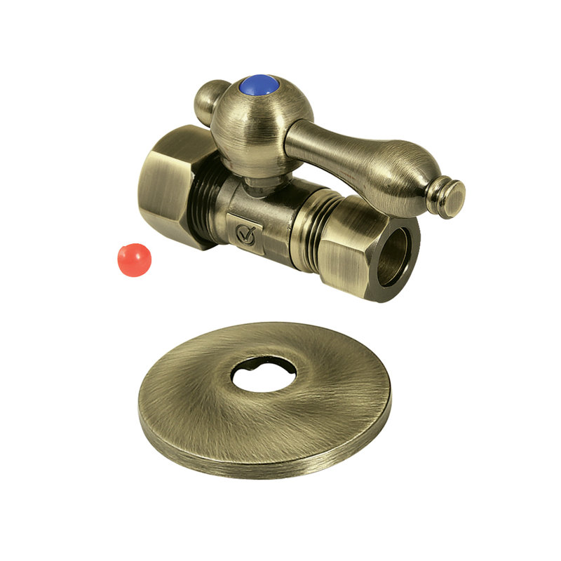 Kingston Brass 5/8-Inch OD Comp x 1/2-Inch OD Comp Quarter-Turn Straight Stop Valve with Flange, Antique Brass