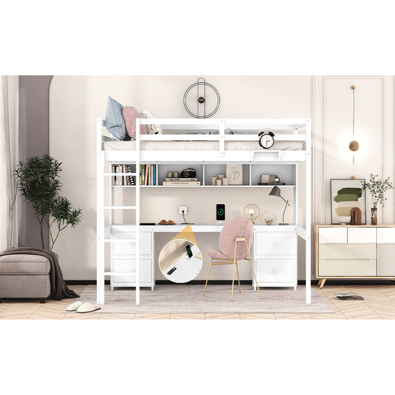 Lit mezzanine blanc avec bureau, tiroirs et station de charge, White