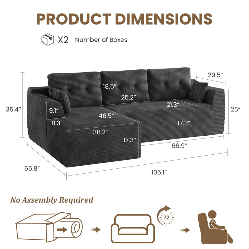 Canapé-lit modulaire surdimensionné de 105 po avec méridienne surdimensionnée et siège profond, sans assemblage requis pour le salon, gris