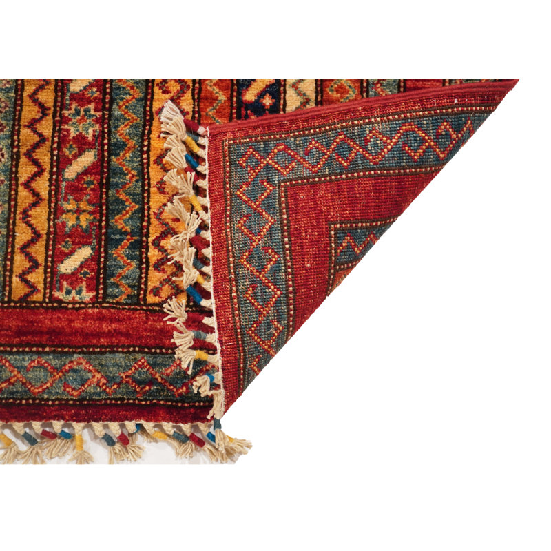 Chemin de table rouge, orange et bleu noué à la main de haute qualité