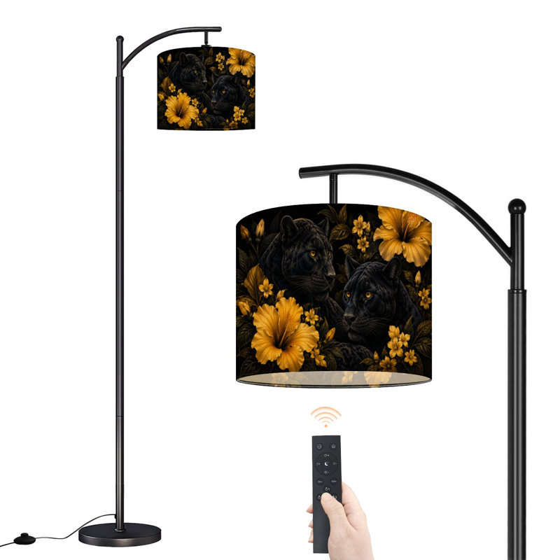 Lampe sur pied à arc avec abat-jour réglable à motif floral jaune sur pied 3 températures de couleur à intensité variable avec interrupteur au pied pour chambre à coucher