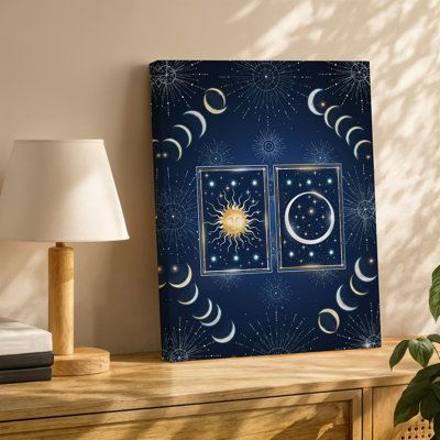 Canvas A Mystical Illustration Featuring Two Tarot Cards Centered Against A Wall Art Deep Black Starry Background Adorned With Canvas Wall Art