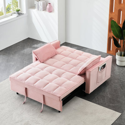 Lit 3 en 1 en velours rose avec coussin rembourré en métal