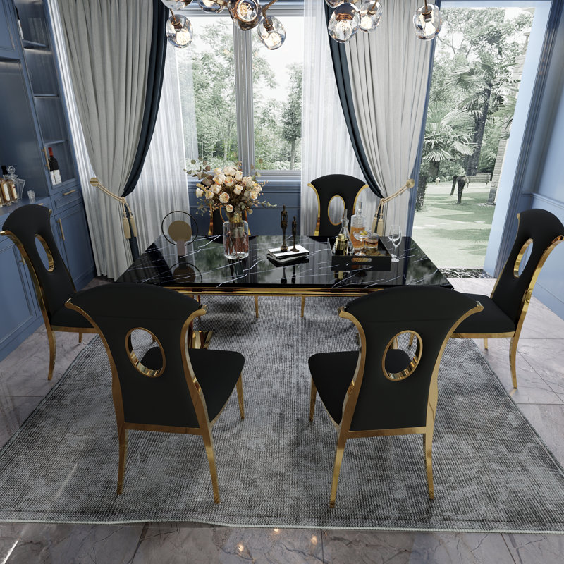 Black And Gold Dining Chairs With Open Back, Black/Gold, 6