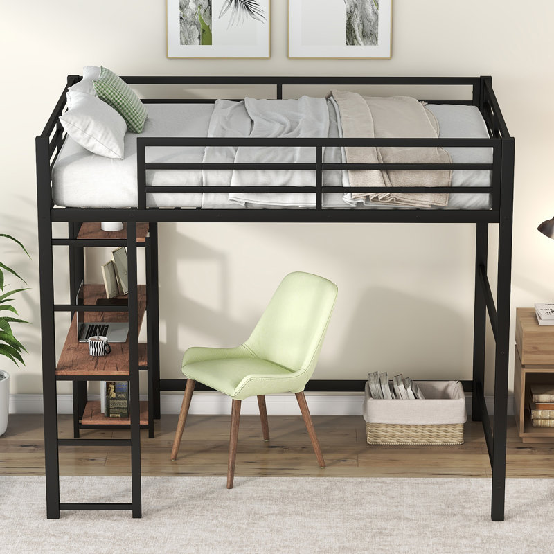  Lit mezzanine double en métal avec bureau intégré, tablette murale et espace de rangement fonctionnel, noir