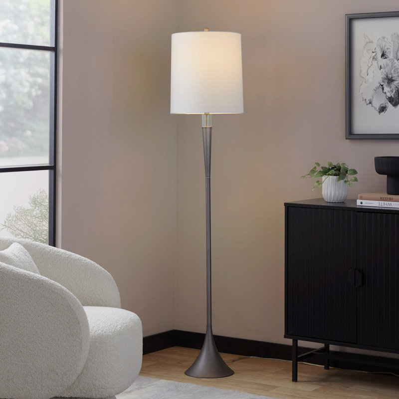 Metal Floor Lamp In Cast Iron And Clear K9 Crystal With White Linen Shade - Set Of 2, Cast Iron