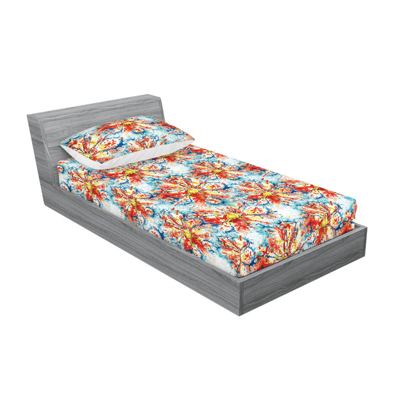 Drap-housse et taies décoratives 3 pièces Ambesonne, Vermillon, bleu, moutarde / floral