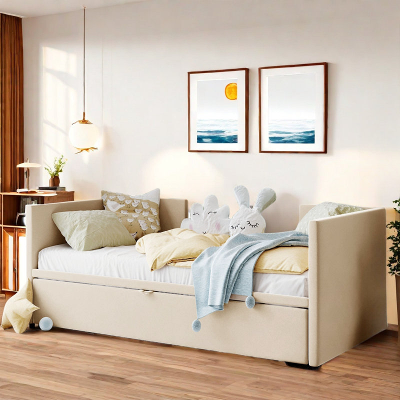 Lit de jour rembourré avec lit gigogne, Beige