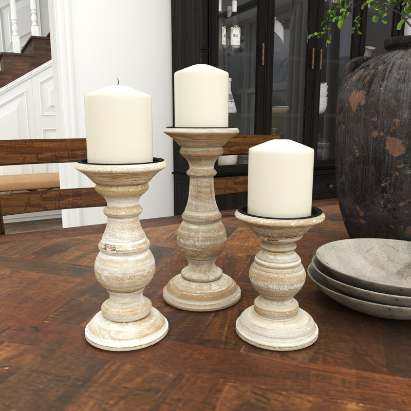Mango Wood Turned Style Pillar Candle Holders, Cream