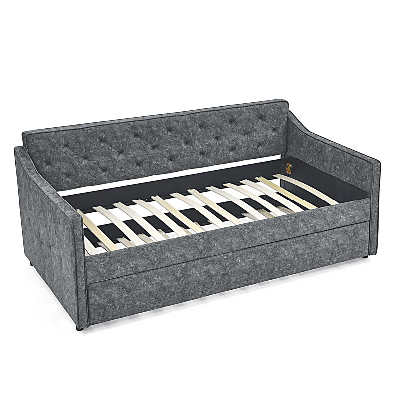 Twin Size Daybed with Twin Size Trundle, Upholstered Tufted Sofa Bed, Gray