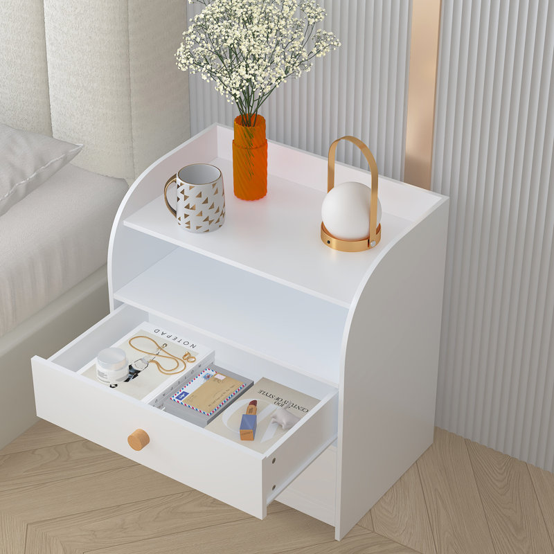 Table de chevet blanche à 2 tiroirs avec panneaux latéraux incurvés et étagère ouverte, table de chevet moderne pour chambre à coucher, chambre d'enfant, chambre de bébé