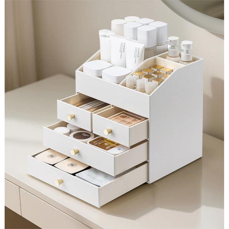 Organisateur de maquillage pour comptoir, grand meuble-lavabo en cuir synthétique avec rangement à 4 tiroirs, étagère à cosmétiques pour rouge à lèvres, pinceaux, blanc