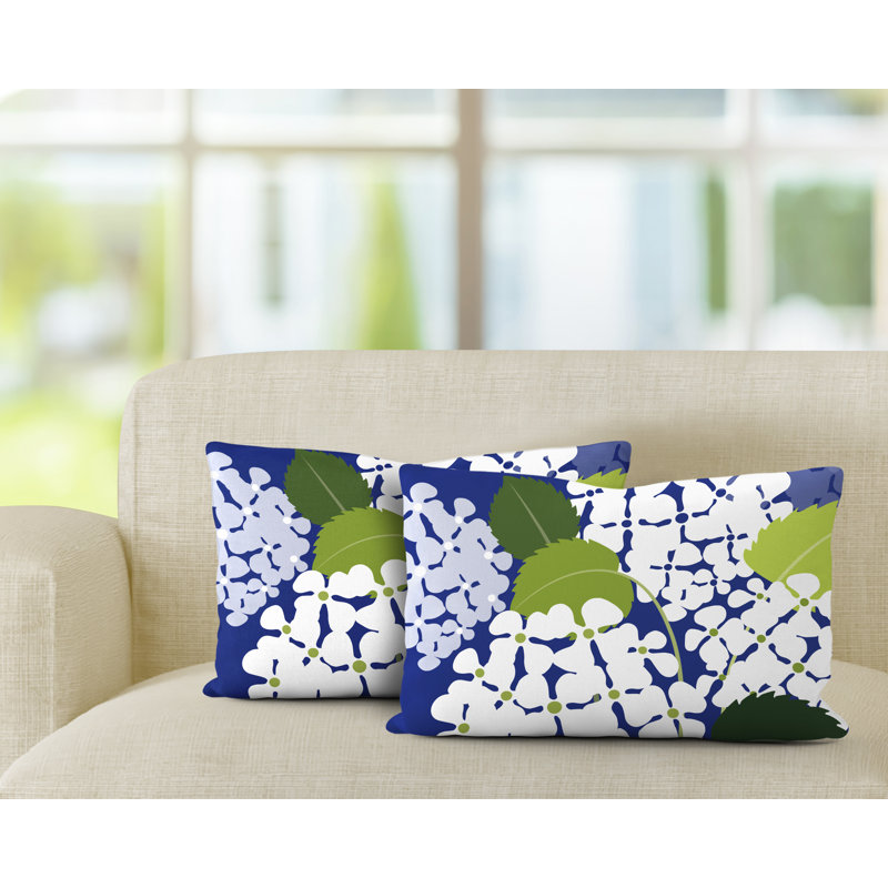 Floral Outdoor Reversible Throw Pillow, Navy Blue