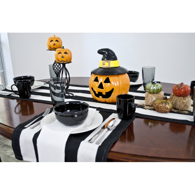 Cotton Black And White Stripe Table Runner, 53.5" x 17"