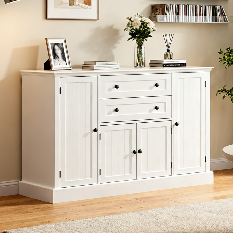 47" Buffet Cabinet With Storage,Large Sideboard Buffet With Drawers And Adjustable Shelves, Rustic Coffee Bar Cabinet For Kitchen, White