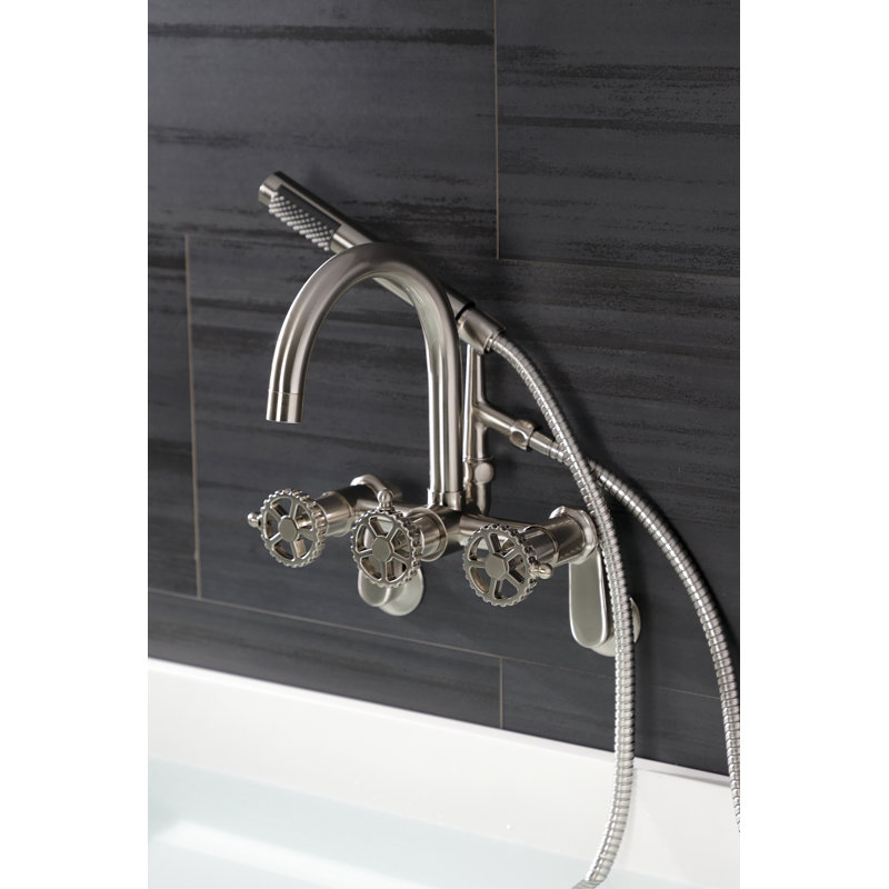 Kingston Brass Fuller Three-Handle 2-Hole Tub Wall Mount Clawfoot Tub Faucet with Hand Shower, Gold