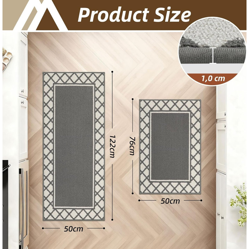 2Pcs Absorbent Kitchen Runner Rugs Non-Slip TPR Washable Standing Mat-60x89cm+60x152cm, Grey, Runner 50cm x 122cm