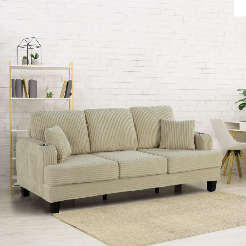 84" Modern 3-Seat Upholstered Square Arm Sofa with Cup Holders, Pockets, and USB Prots, Beige