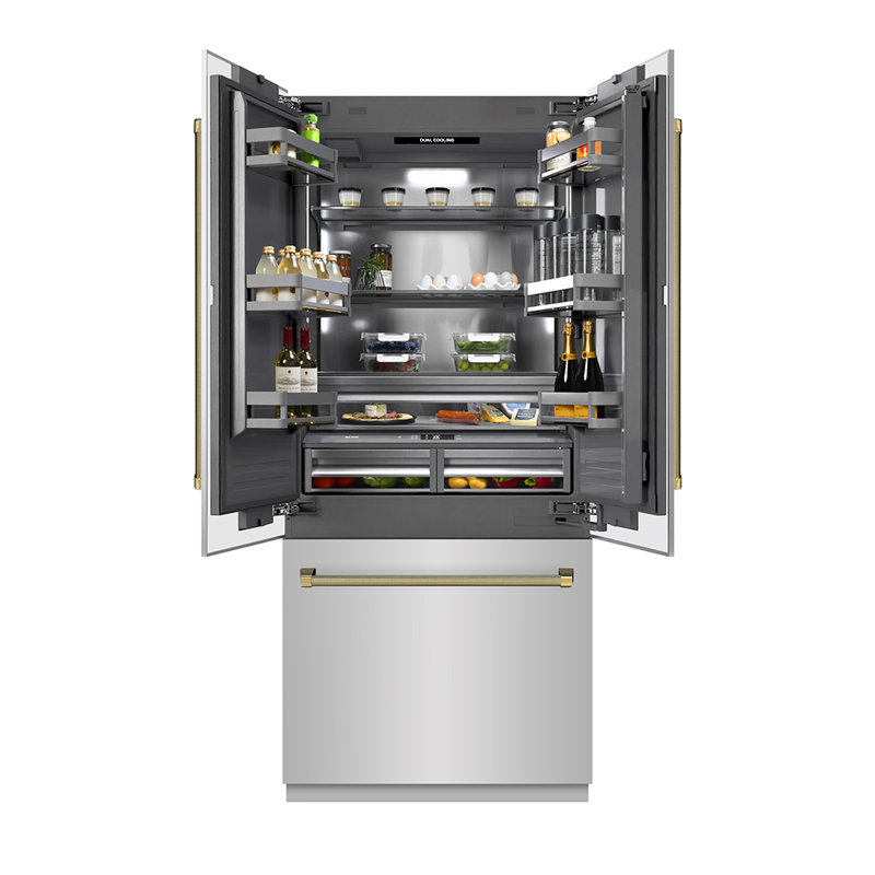 ZLINE Autograph 36 in. French Door Built-In Refrigerator w/ Gray Interior and Gold Helix Handles, Champagne Bronze