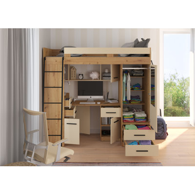Hochbett Suffield mit Schubladen und Regalen