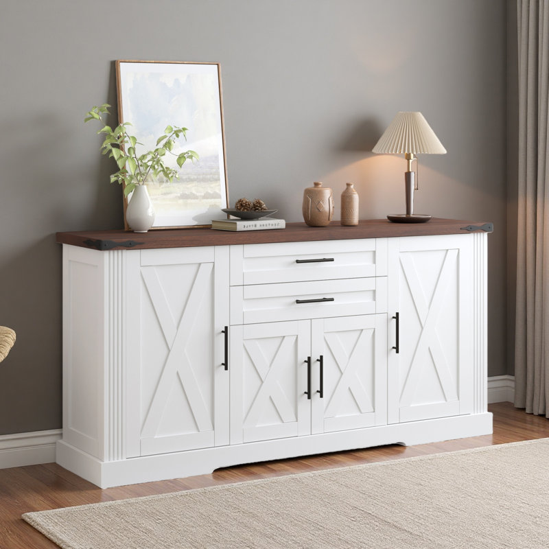 63" Farmhouse Barn Door Storage Cabinet With 2 Drawers & Door Rack, Large Buffet Table Coffee Bar Cabinets With Adjustable Shelves For Kitchen, Living Room, Entryway, Dining Room