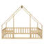 Lit pleine grandeur en bois en forme de maison avec garde-corps et clôture pour chambre d'enfant - Naturel