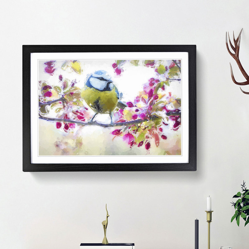 Blue Tit Bird in Spring in Abstract - Picture Frame Painting Print, 62cm H x 87cm W x 2cm D, Black Framed