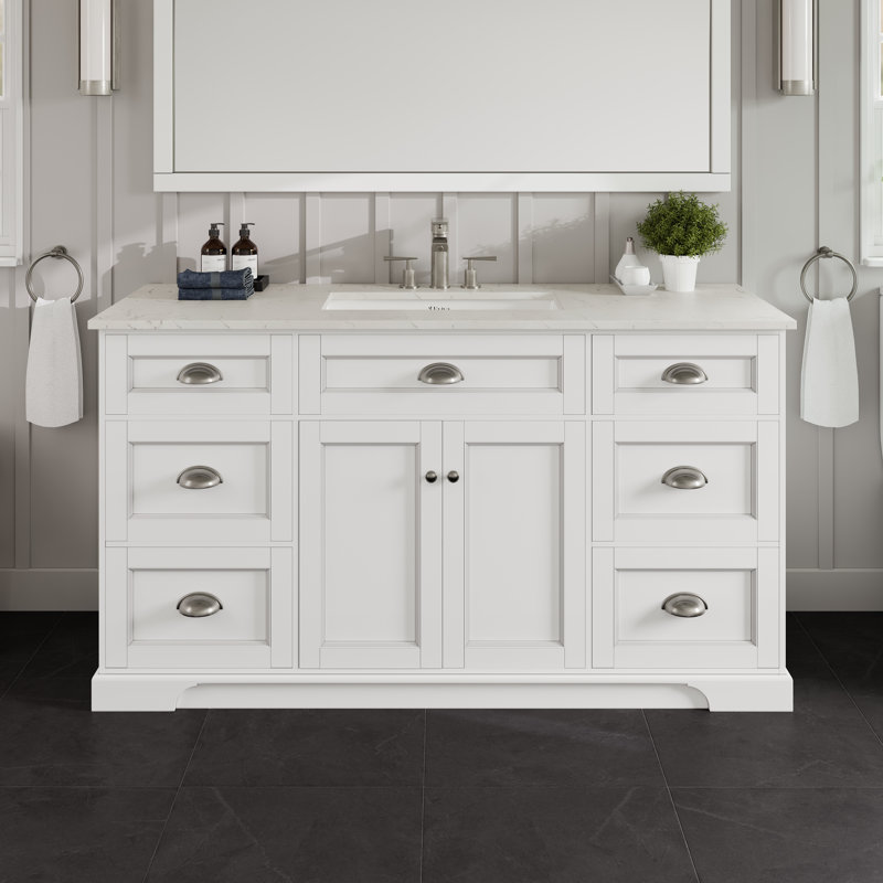 Didomenico 60"W X 22"D Bathroom Vanity With White Carrara Quartz Countertop And Undermount Porcelain Sink, White