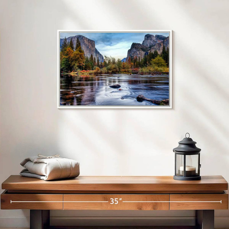 Rivière Yosemite Autumn, Cadre flottant blanc, 19 po x 13 po