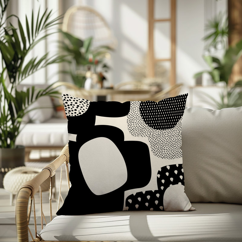 Coussin carré intérieur / extérieur pia, H 15 po x l 15 po, Blanc cassé / noir
