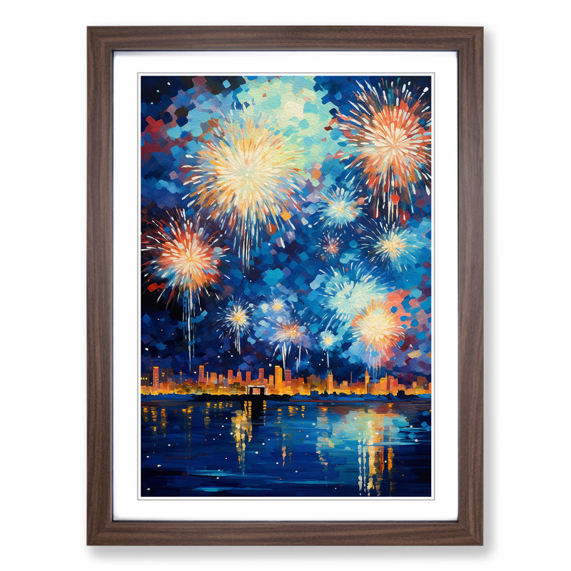 Fireworks Impressionism - Single Picture Frame Print on Wood, Walnut, 34cm H x 25cm W x 2cm D