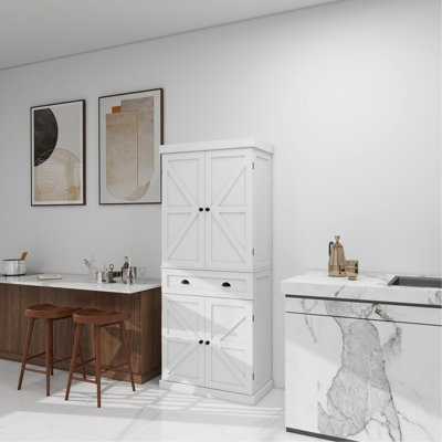 Armoire de rangement blanche de 71 po pour cuisine. 4 portes, tiroir, 2 tablettes réglables. Maximise la salle à manger, le salon et la cuisine.