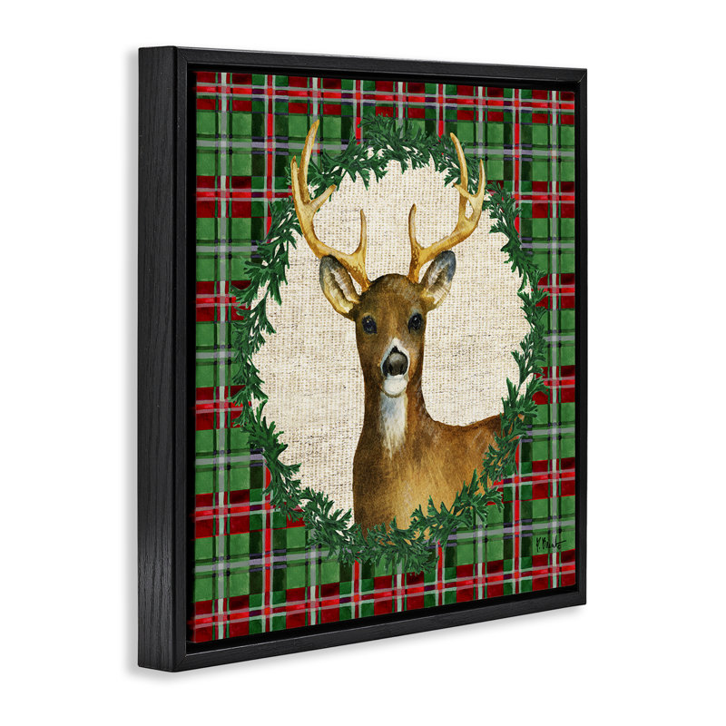  «Plaid Holiday Deer» par Paul Brent, Cadre flottant noir de jais, H 18 po x l 18 po