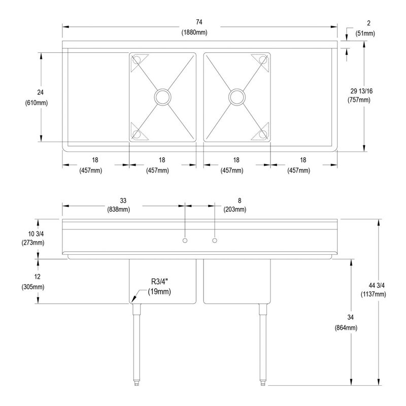 Évier de service autoportant L 74 po x l 29,81 po Dependabilt