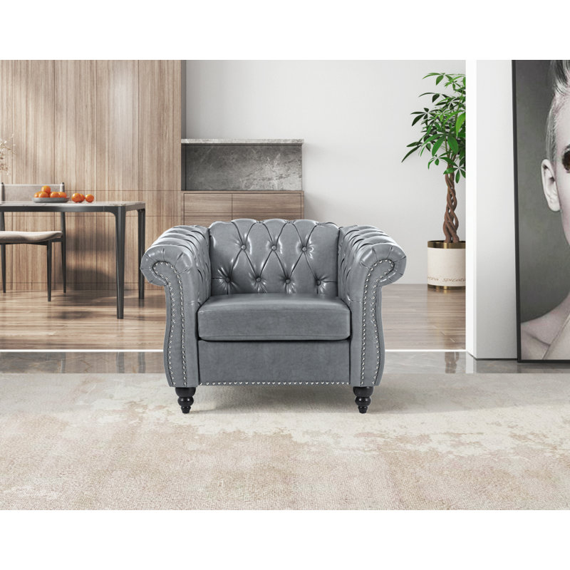 Fairport Faux Leather Chesterfield Chair, Gray Faux Leather
