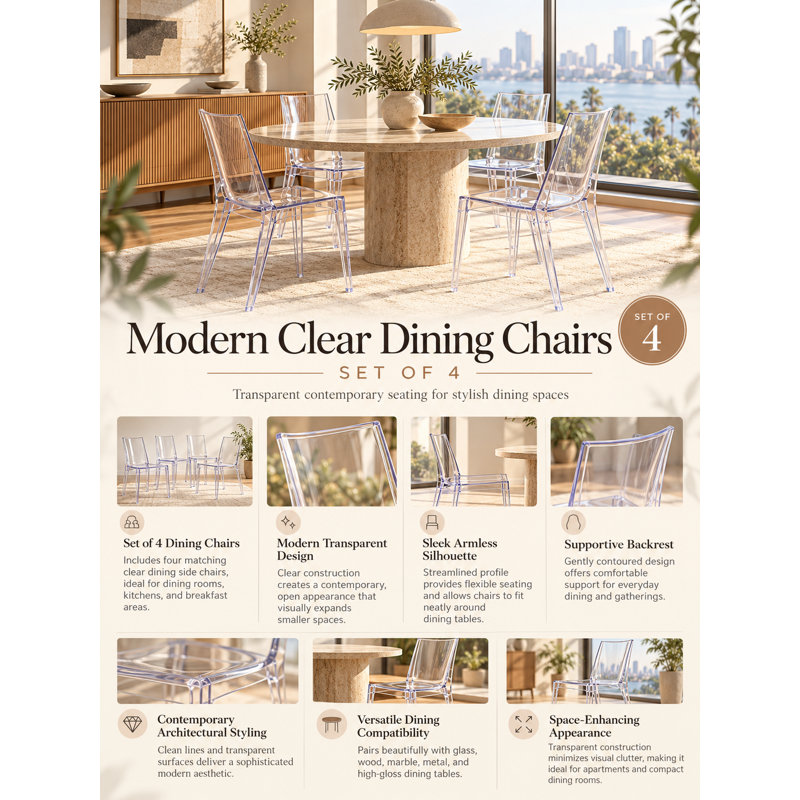 Arrow Modern Clear Transparent Dining Side Chairs – Set of 4, Contemporary Armless Dining Chairs for Kitchen, Dining Room & Living Spaces