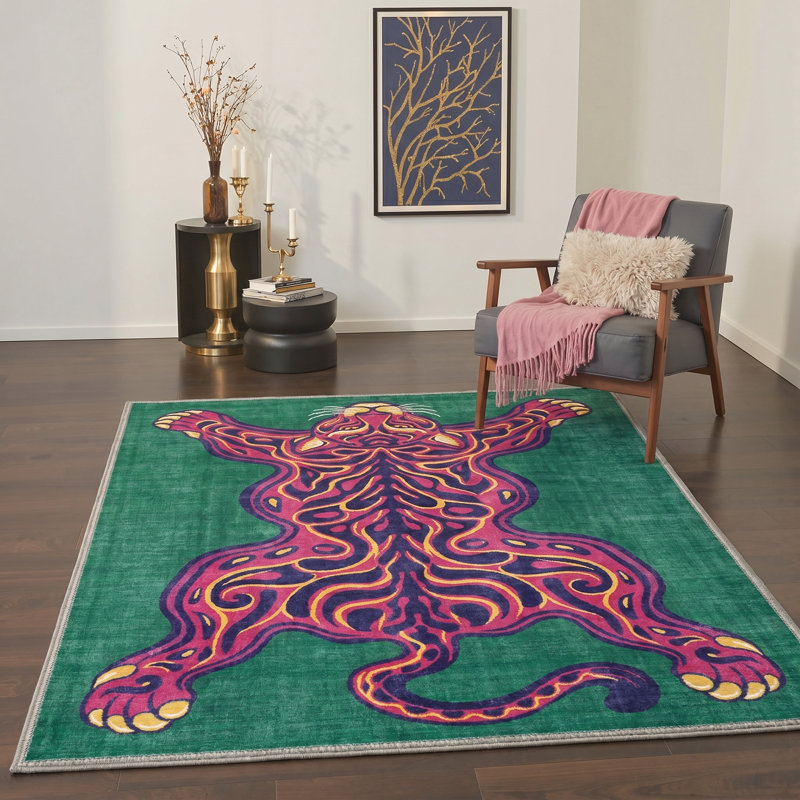 Tapis vert / rose / bleu à motif abstrait lavable à la machine avec envers antidérapant Stylized Collection Tiger