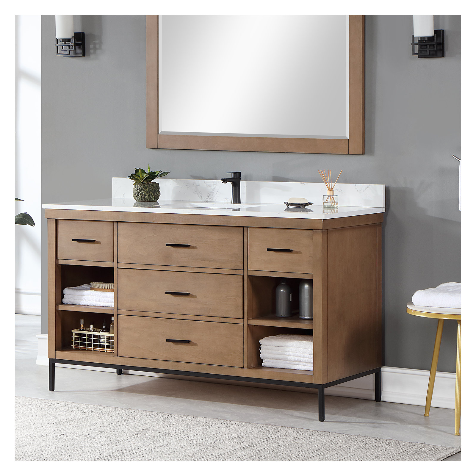 Adaire 60'' Single Bathroom Vanity, Brown, Matte Black