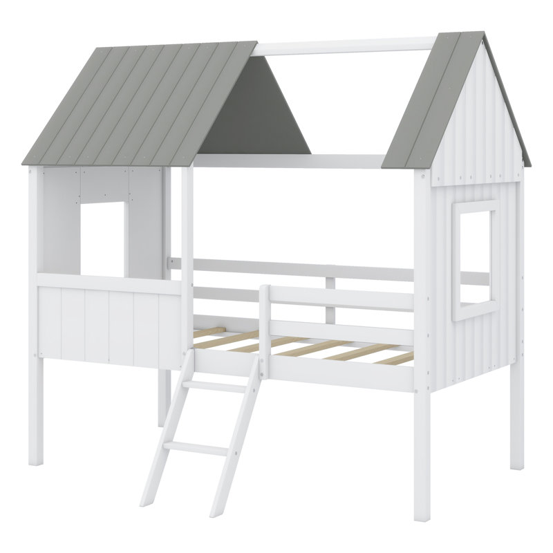 Low Loft Wood House Bed With Two Side Windows, White/Gray