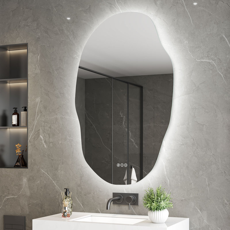 Miroir de salle de bain moderne en forme de larme avec éclairage rétroéclairé et forme unique, 48" x 30"