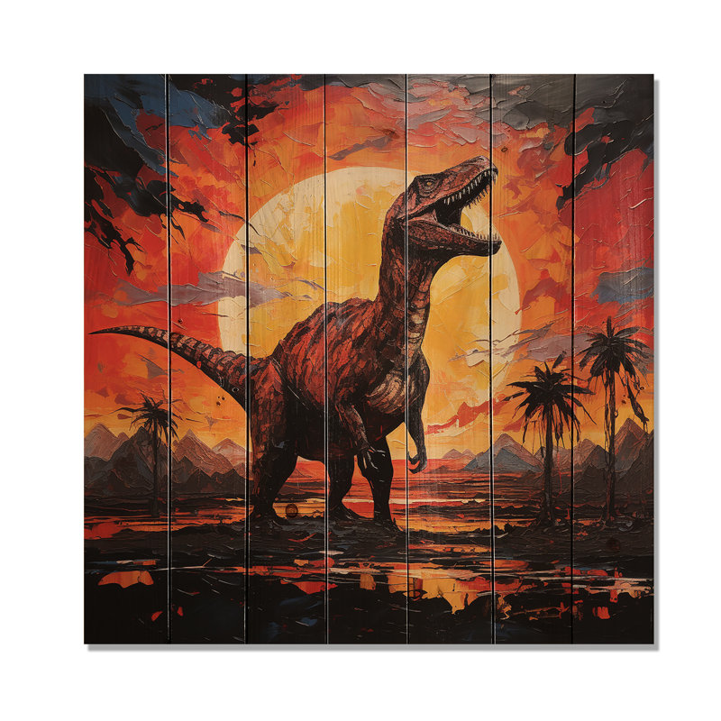 Coucher de soleil de dinosaure rouge et jaune III - dinosaure sur bois, H 15 po x l 15 po