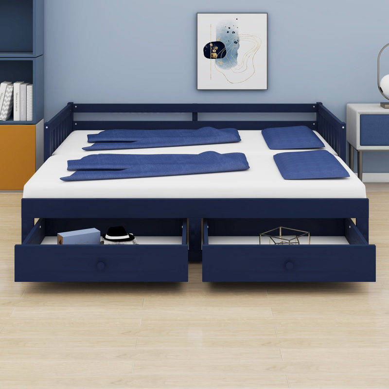 Lit de jour avec couchette coulissante et structure extensible pour une chambre d'amis moderne, Bleu
