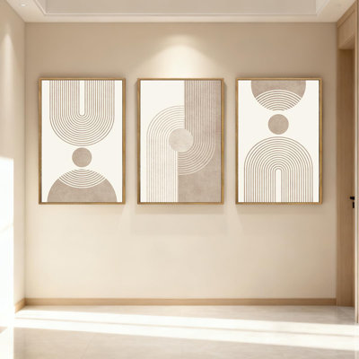 Boho Neutral Canvas Wall Art, Framed Geometric Abstract Wall Decor, Mid Century Modern Minimalist Wall Painting Ideal For Living Room, Bedroom & Office Set Of 3 Each 16x24 Inch