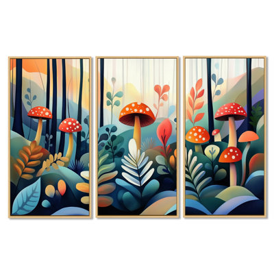 Fougère bleue et orange, champignon forêt - ensemble d'art mural botanique de 3