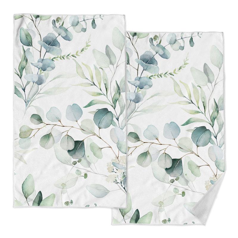 2 Pack Bathroom Hand Towels Decorative Plant Leaves Dish Kitchen Towels, White/Green/Blue Floral