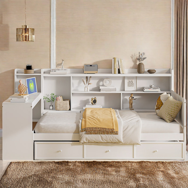 Lit de jour en bois avec 3 tiroirs, ports USB et bureau , Blanc