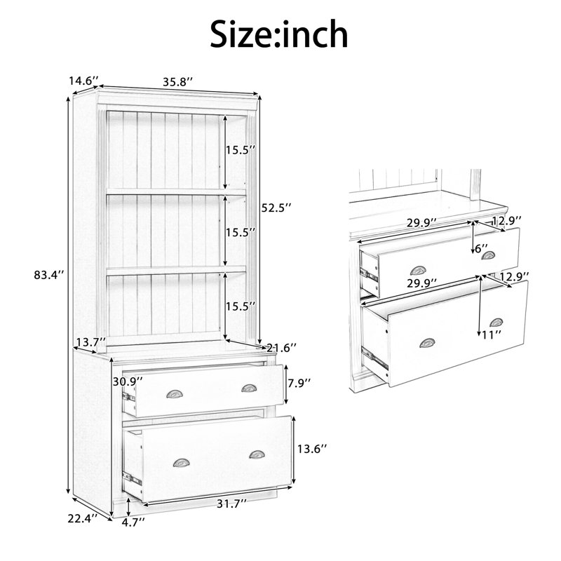83.4"Tall Storage Bookshelf With LED Lighting, 2 Drawer And 3 Open Shelves