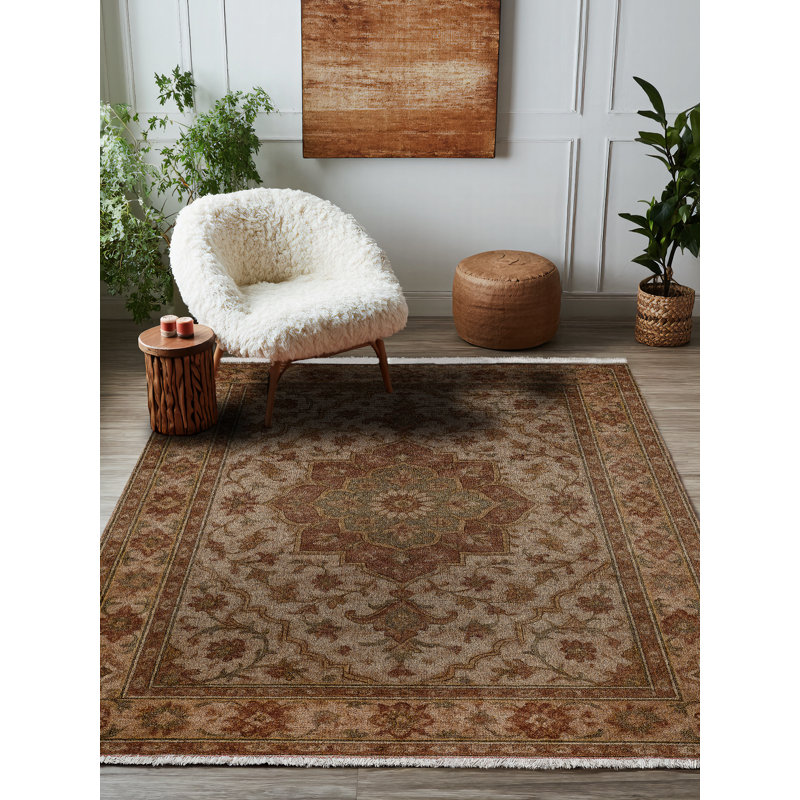 Malika Collection Digital Print Cotton-Polyester Brown Oriental Rug, Round 3'4"