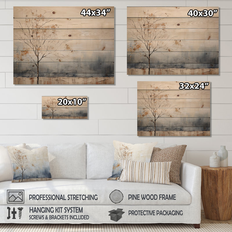 Minimalisme beige et bleu campagne I - campagne, art mural sur bois de pin naturel, H 24 po x l 32 po